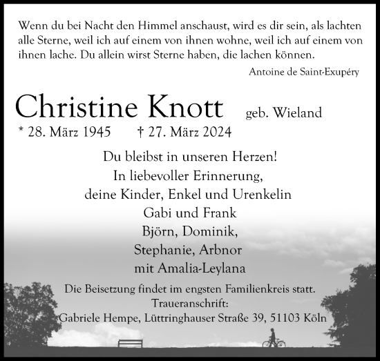 Anzeige von Christine Knott von Kölner Stadt-Anzeiger / Kölnische Rundschau / Express