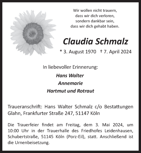 Anzeige von Claudia Schmalz von  EXPRESS - Die Woche 