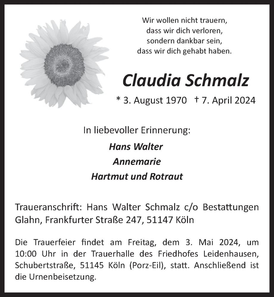  Traueranzeige für Claudia Schmalz vom 26.04.2024 aus  EXPRESS - Die Woche 