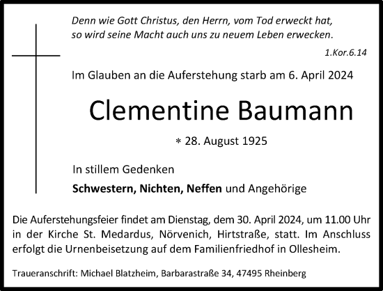 Anzeige von Clementine Baumann von Kölner Stadt-Anzeiger / Kölnische Rundschau / Express