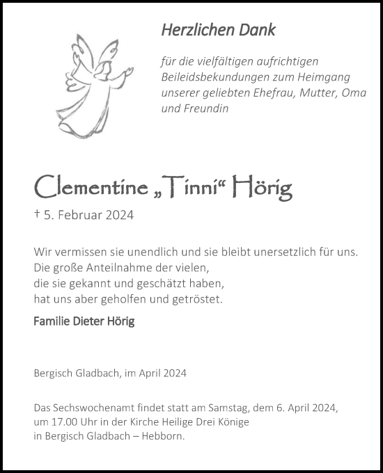 Anzeige von Clementine  Hörig von Kölner Stadt-Anzeiger / Kölnische Rundschau / Express