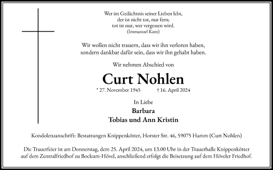 Anzeige von Curt Nohlen von Kölner Stadt-Anzeiger / Kölnische Rundschau / Express