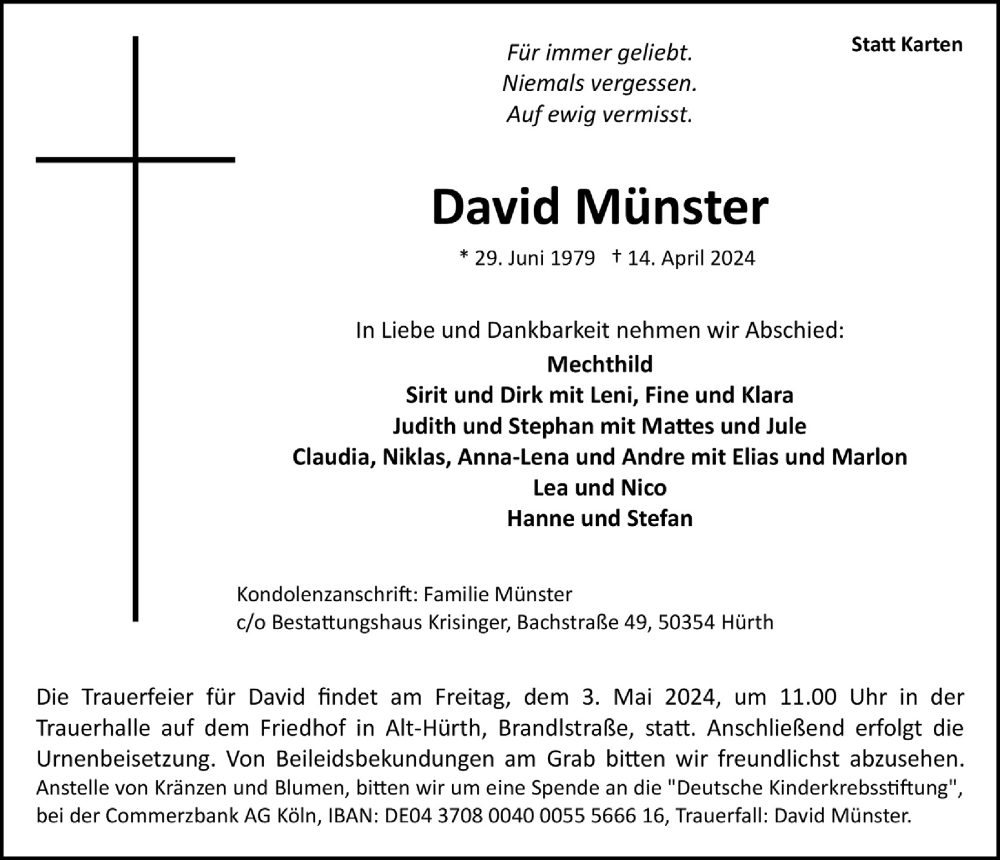  Traueranzeige für David Münster vom 26.04.2024 aus  Wochenende 