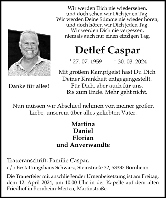 Anzeige von Detlef Caspar von  Schlossbote/Werbekurier 