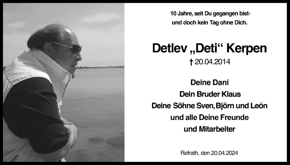  Traueranzeige für Detlev Kerpen vom 20.04.2024 aus Kölner Stadt-Anzeiger / Kölnische Rundschau / Express