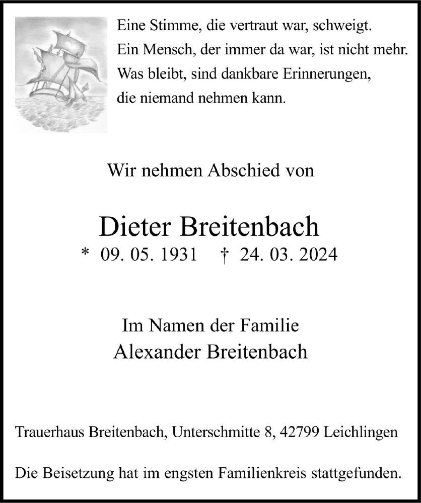  Traueranzeige für Dieter Breitenbach vom 26.04.2024 aus  Lokale Informationen 