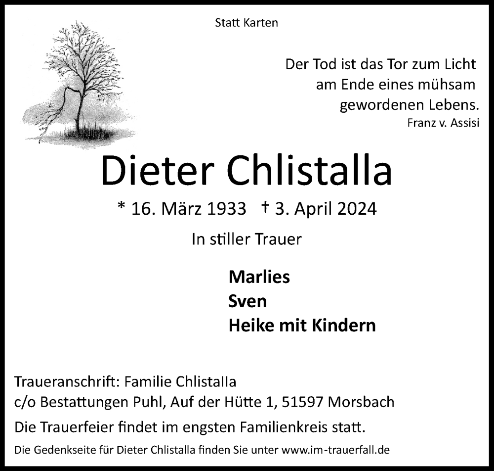  Traueranzeige für Dieter Chlistalla vom 13.04.2024 aus Kölner Stadt-Anzeiger / Kölnische Rundschau / Express