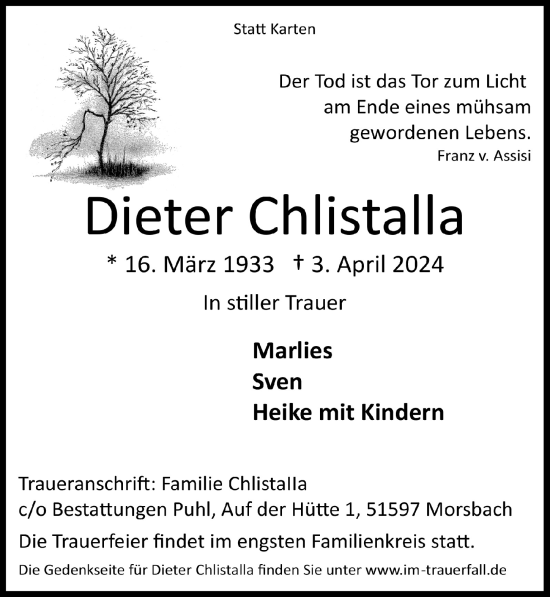 Anzeige von Dieter Chlistalla von  Lokalanzeiger 