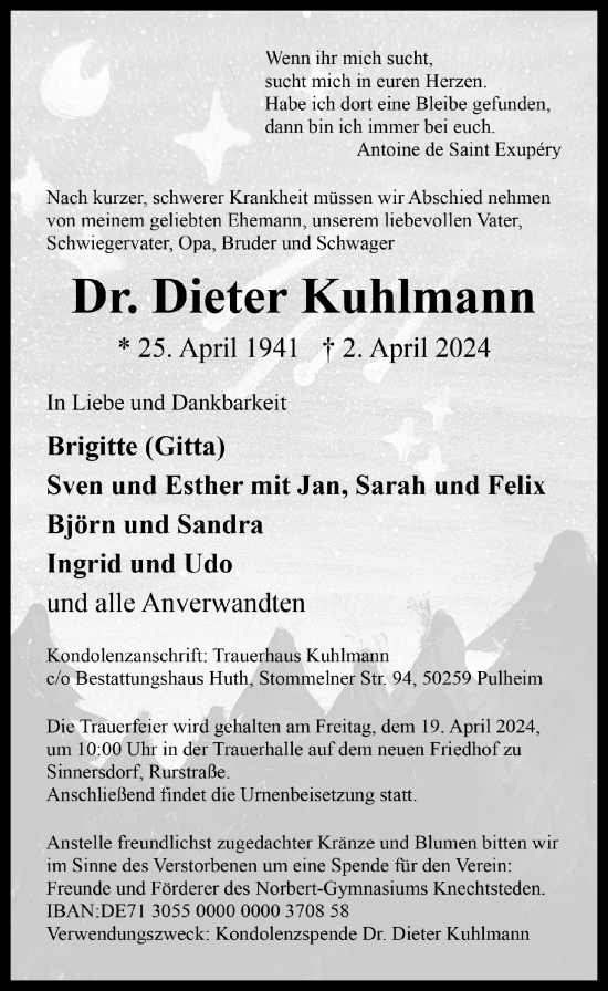 Anzeige von Dieter Kuhlmann von  Wochenende 