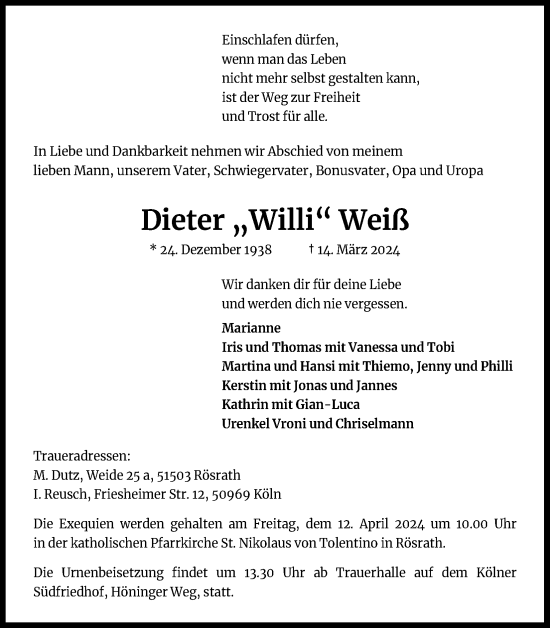Anzeige von Dieter Weiß von Kölner Stadt-Anzeiger / Kölnische Rundschau / Express
