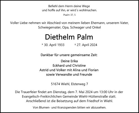 Anzeige von Diethelm Palm von Kölner Stadt-Anzeiger / Kölnische Rundschau / Express