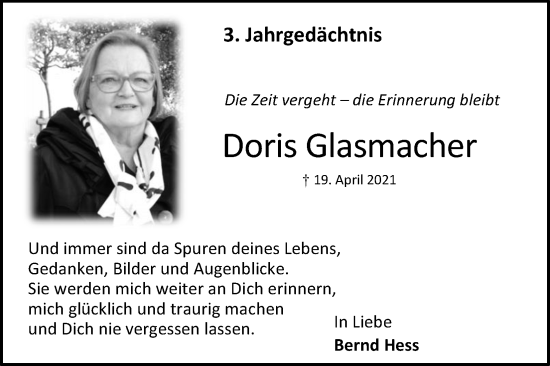 Anzeige von Doris Glasmacher von Kölner Stadt-Anzeiger / Kölnische Rundschau / Express