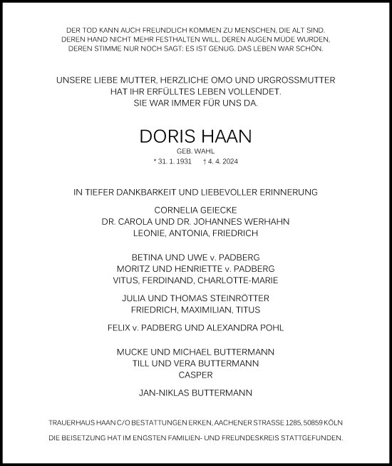 Anzeige von Doris Haan von Kölner Stadt-Anzeiger / Kölnische Rundschau / Express