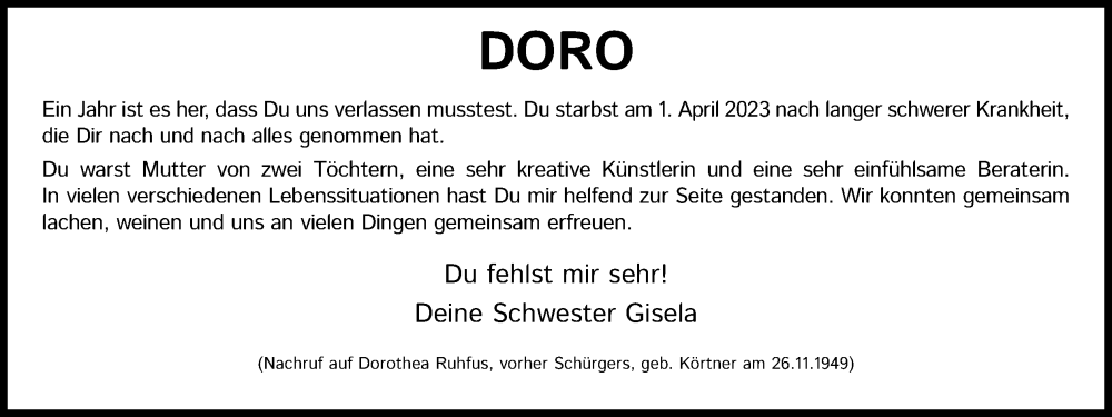  Traueranzeige für Doro  vom 30.03.2024 aus Kölner Stadt-Anzeiger / Kölnische Rundschau / Express