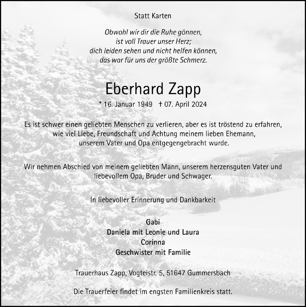  Traueranzeige für Eberhard Zapp vom 12.04.2024 aus  Anzeigen Echo 