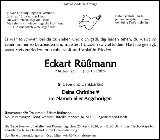 Anzeige von Eckart Rüßmann von Kölner Stadt-Anzeiger / Kölnische Rundschau / Express