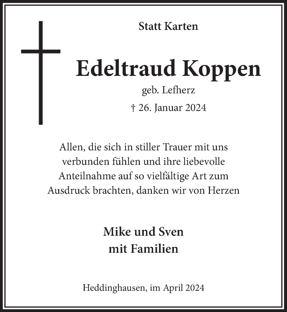  Traueranzeige für Edeltraud Koppen vom 05.04.2024 aus  Lokalanzeiger 