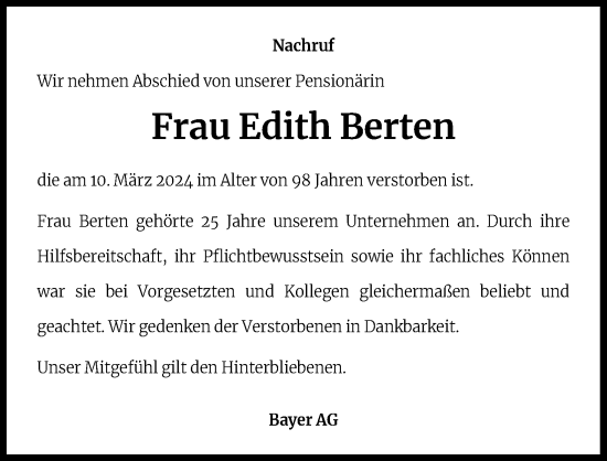 Anzeige von Edith Berten von Kölner Stadt-Anzeiger / Kölnische Rundschau / Express