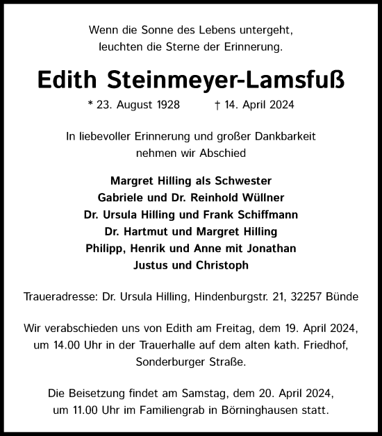 Anzeige von Edith Steinmeyer-Lamsfuß von Kölner Stadt-Anzeiger / Kölnische Rundschau / Express
