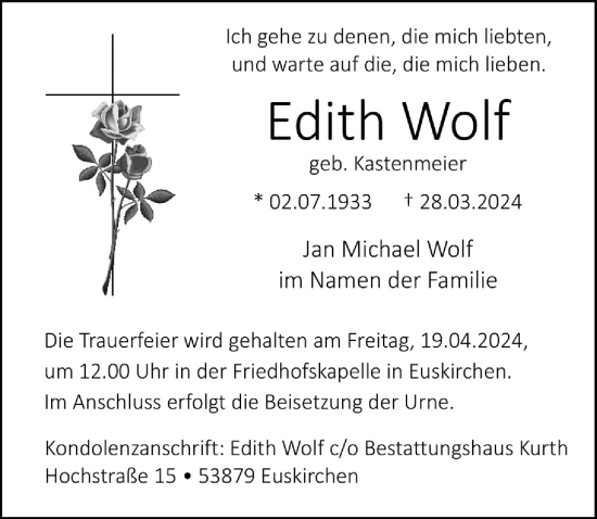 Anzeige von Edith Wolf von  Blickpunkt Euskirchen 