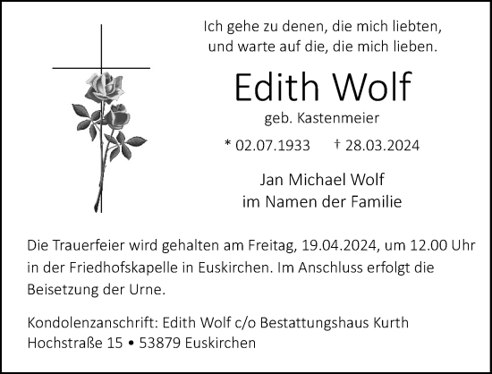 Anzeige von Edith Wolf von Kölner Stadt-Anzeiger / Kölnische Rundschau / Express