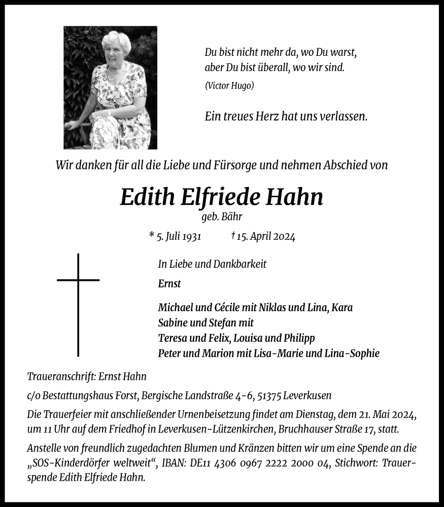  Traueranzeige für Edith Elfriede Hahn vom 27.04.2024 aus Kölner Stadt-Anzeiger / Kölnische Rundschau / Express