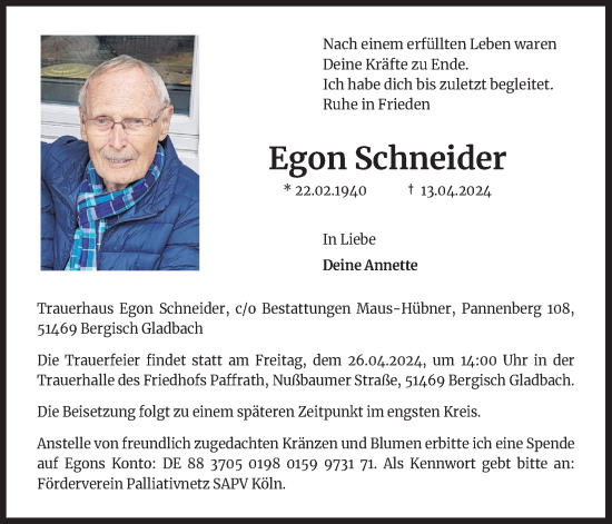 Anzeige von Egon Schneider von Kölner Stadt-Anzeiger / Kölnische Rundschau / Express