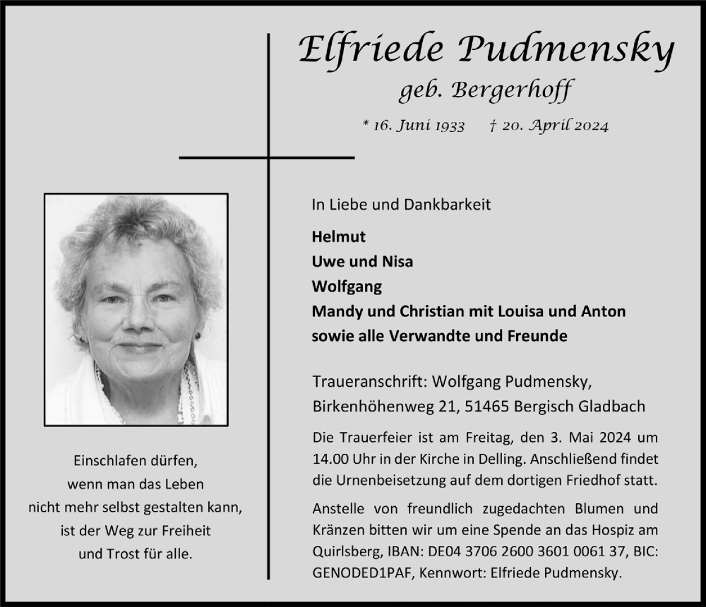  Traueranzeige für Eifriede Pudmensky vom 26.04.2024 aus  Bergisches Handelsblatt 