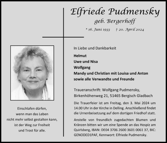 Anzeige von Eifriede Pudmensky von  Bergisches Handelsblatt 
