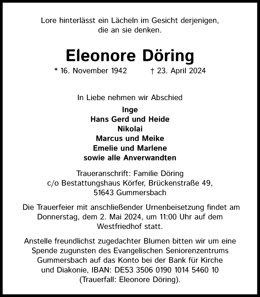  Traueranzeige für Eleonore Döring vom 27.04.2024 aus Kölner Stadt-Anzeiger / Kölnische Rundschau / Express