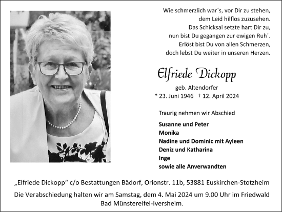 Anzeige von Elfriede Dickopp von  Blickpunkt Euskirchen 