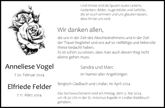 Anzeige von Elfriede Felder von Kölner Stadt-Anzeiger / Kölnische Rundschau / Express