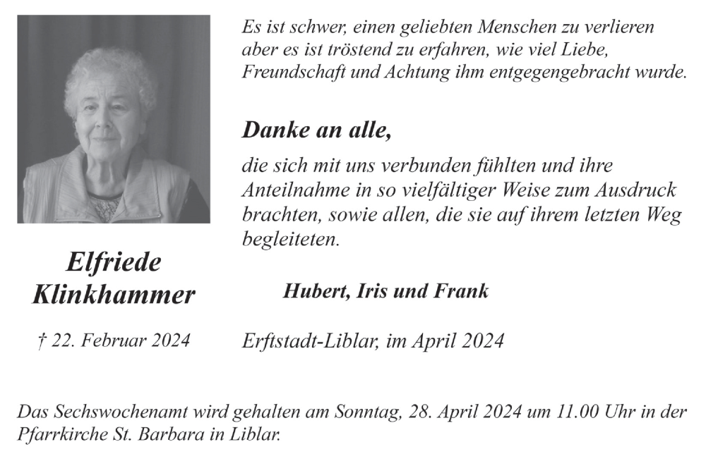  Traueranzeige für Elfriede Klinkhammer vom 05.04.2024 aus  Werbepost 