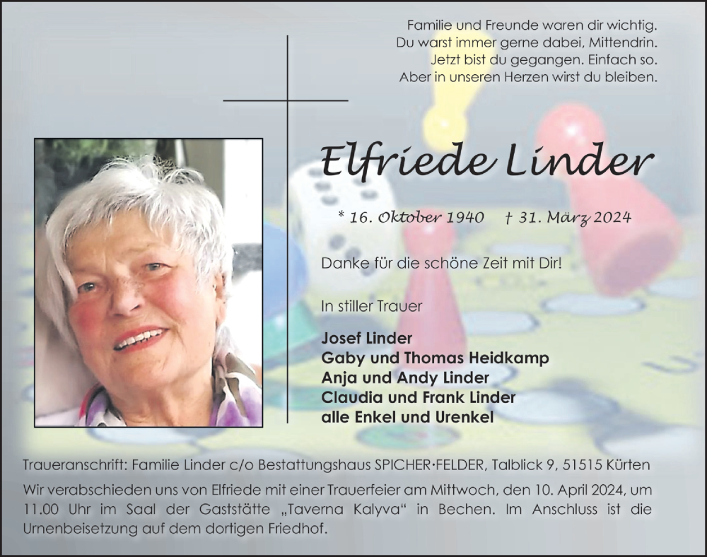  Traueranzeige für Elfriede Linder vom 05.04.2024 aus  Bergisches Handelsblatt 