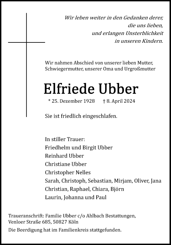Anzeige von Elfriede Ubber von Kölner Stadt-Anzeiger / Kölnische Rundschau / Express