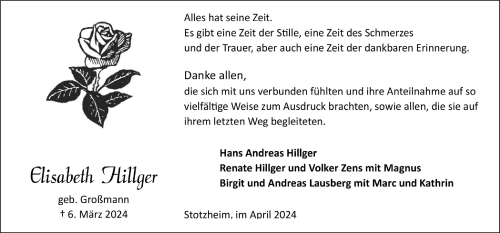  Traueranzeige für Elisabeth Hillger vom 20.04.2024 aus  Blickpunkt Euskirchen 