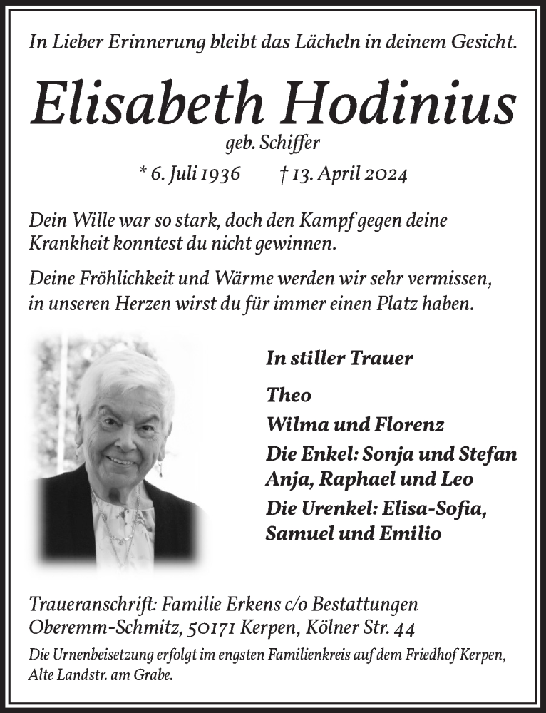  Traueranzeige für Elisabeth Hodinius vom 26.04.2024 aus  Werbepost 