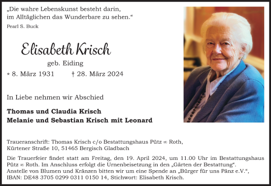 Anzeige von Elisabeth Krisch von Kölner Stadt-Anzeiger / Kölnische Rundschau / Express