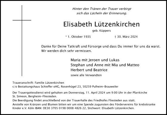 Anzeige von Elisabeth Lützenkirchen von Kölner Stadt-Anzeiger / Kölnische Rundschau / Express