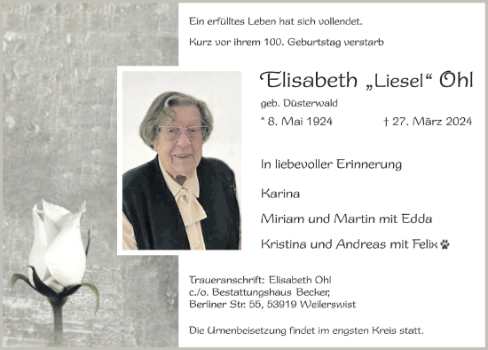 Anzeige von Elisabeth Ohl von  Blickpunkt Euskirchen 