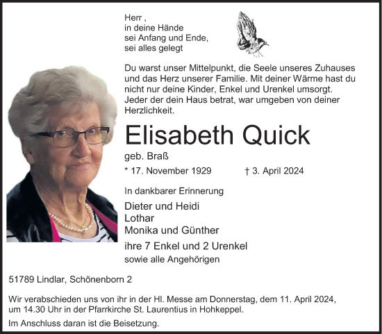 Anzeige von Elisabeth Quick von Kölner Stadt-Anzeiger / Kölnische Rundschau / Express