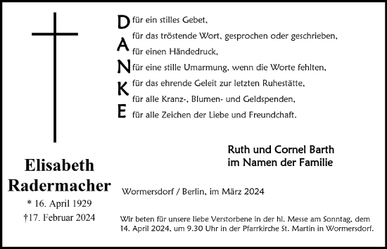 Anzeige von Elisabeth Radermacher von  Schaufenster/Blickpunkt 