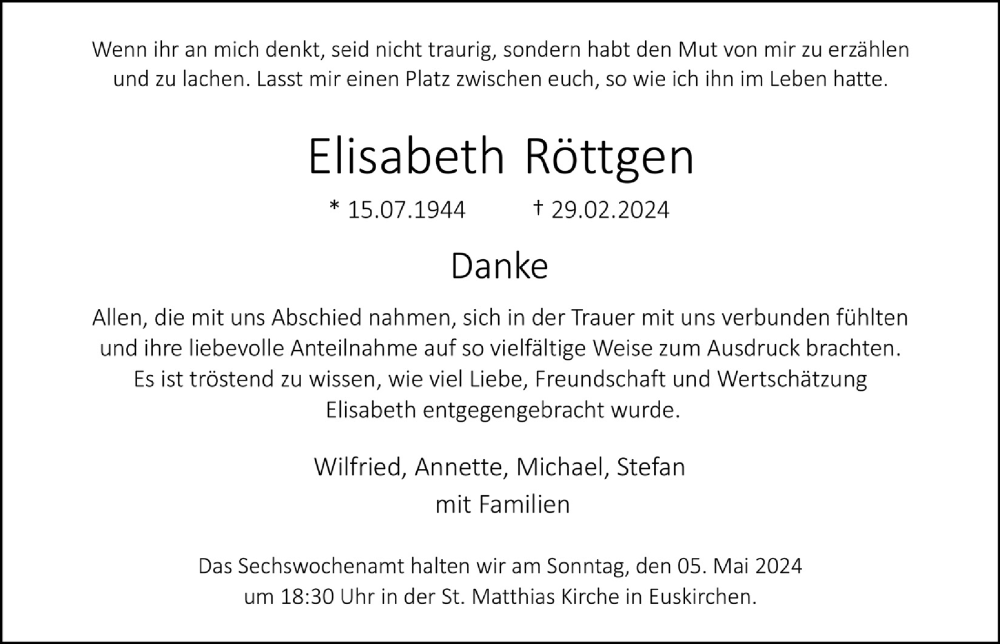  Traueranzeige für Elisabeth Röttgen vom 27.04.2024 aus  Blickpunkt Euskirchen 