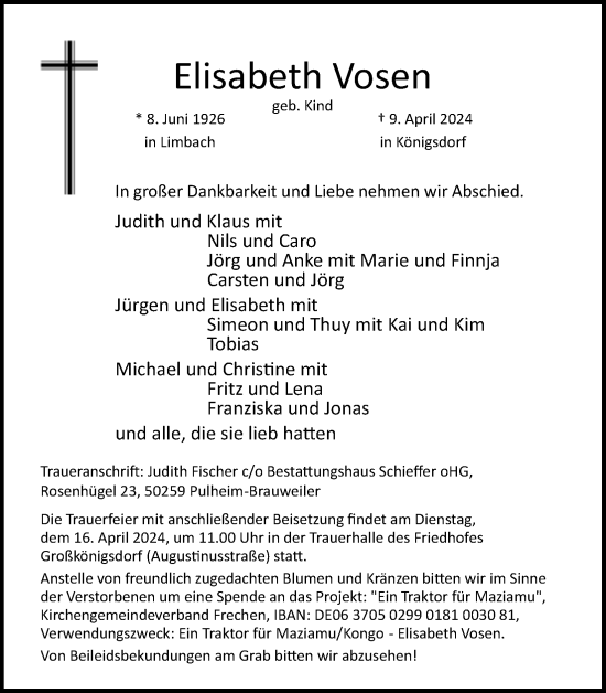 Anzeige von Elisabeth Vosen von Kölner Stadt-Anzeiger / Kölnische Rundschau / Express
