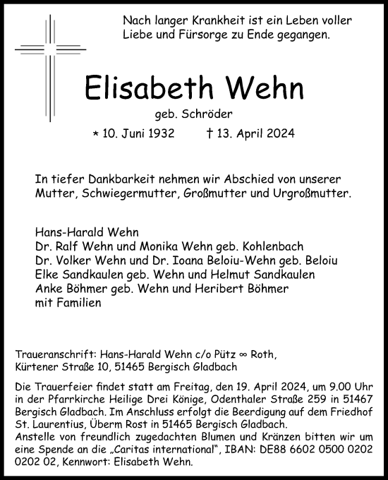 Anzeige von Elisabeth Wehn von Kölner Stadt-Anzeiger / Kölnische Rundschau / Express