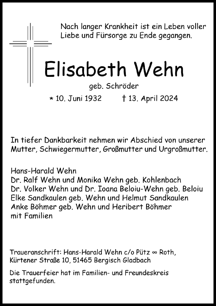  Traueranzeige für Elisabeth Wehn vom 19.04.2024 aus  Bergisches Handelsblatt 