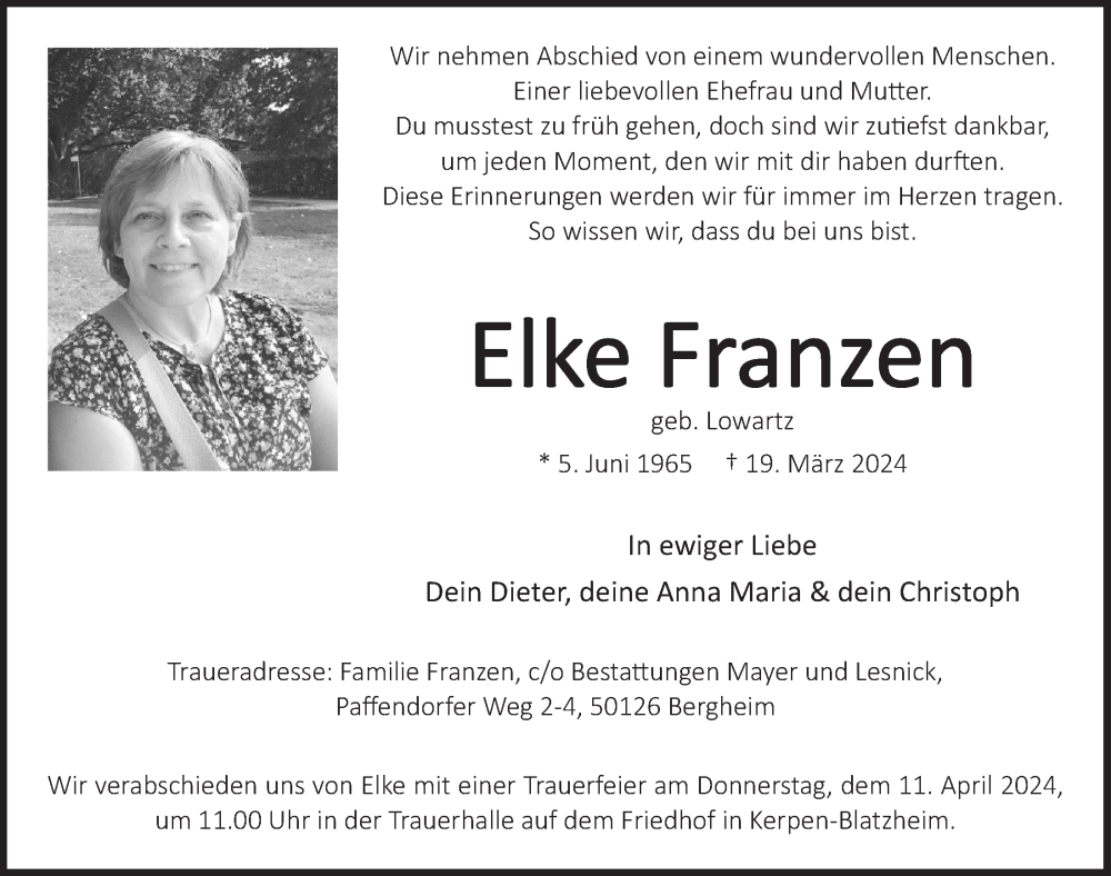  Traueranzeige für Elke Franzen vom 05.04.2024 aus  Schlossbote/Werbekurier  Werbepost 