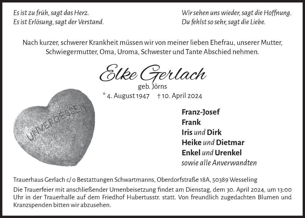  Traueranzeige für Elke Gerlach vom 26.04.2024 aus  Schlossbote/Werbekurier 