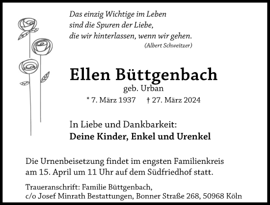 Anzeige von Ellen Büttgenbach von Kölner Stadt-Anzeiger / Kölnische Rundschau / Express