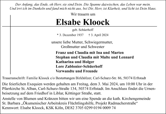 Anzeige von Elsabe Kloock von Kölner Stadt-Anzeiger / Kölnische Rundschau / Express